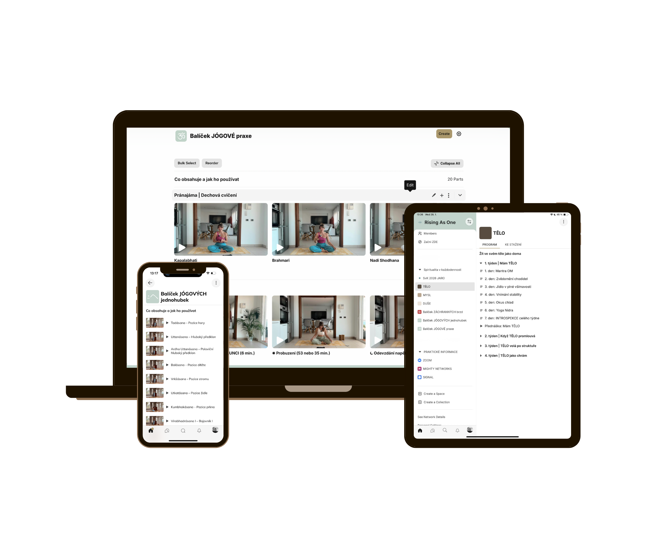 Screenshot of a laptop, tablet, and smartphone displaying various online yoga class materials, including videos, schedules, and class descriptions.