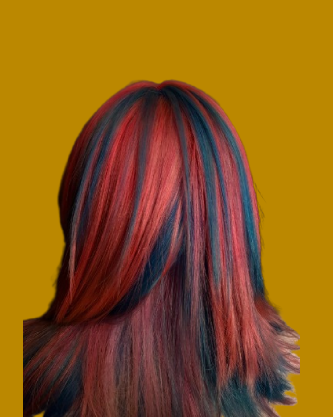 person with red and blue striped hair