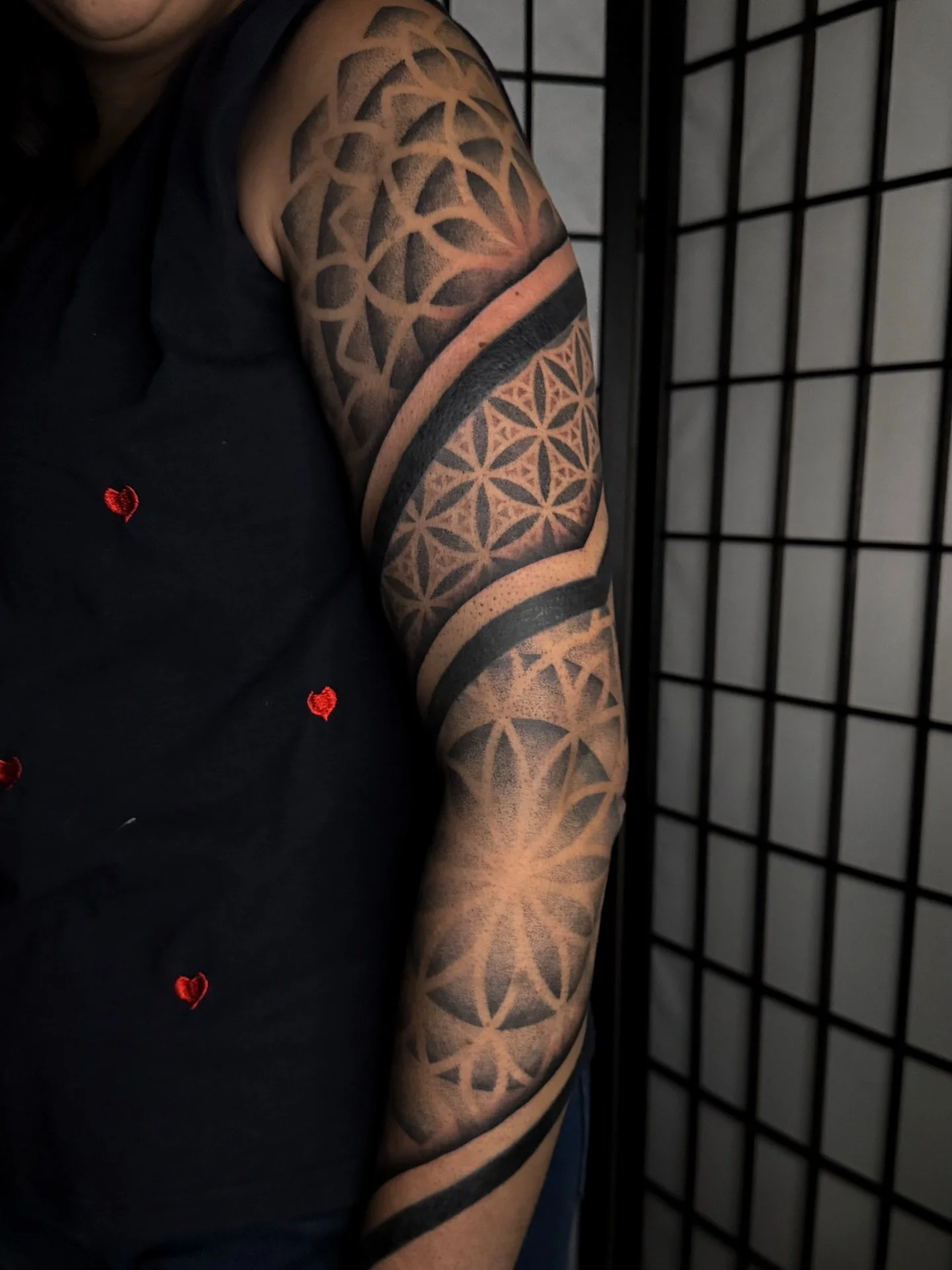 Stoked with the progress on Alia&rsquo;s Geometric Sleeve! We are planning on adding another pattern to the bottom in the future 😁 Couldn&rsquo;t be happier with how it&rsquo;s turned out 😌 Looking forward to sharing some healed pictures with you i