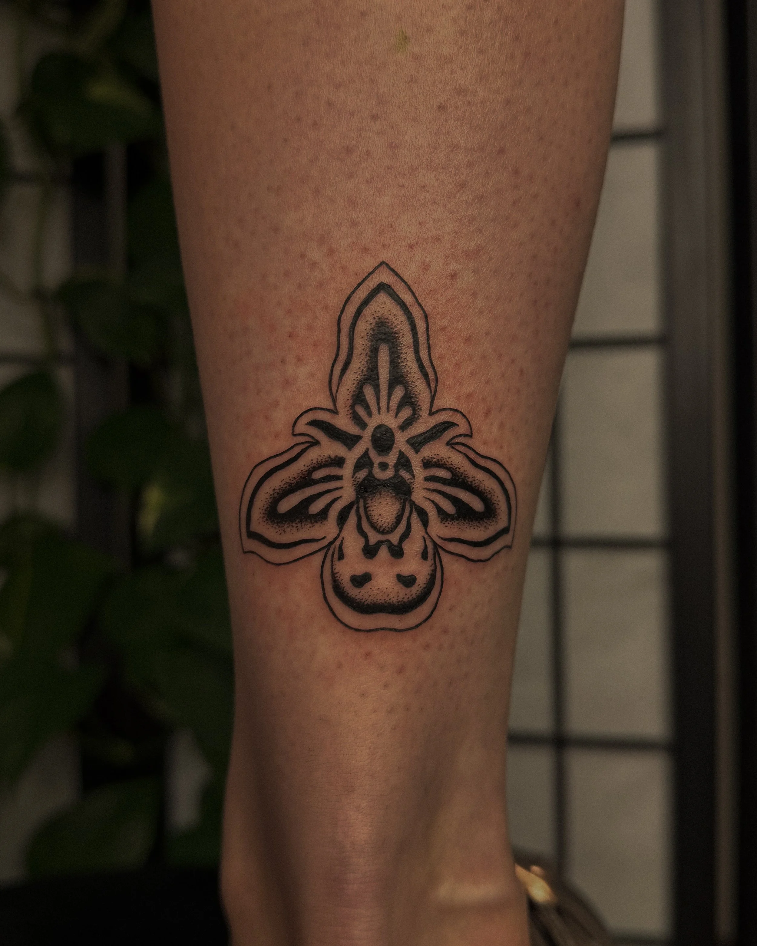 A close-up of a person's forearm showcasing a black and gray tattoo of a floral design with symmetrical details.