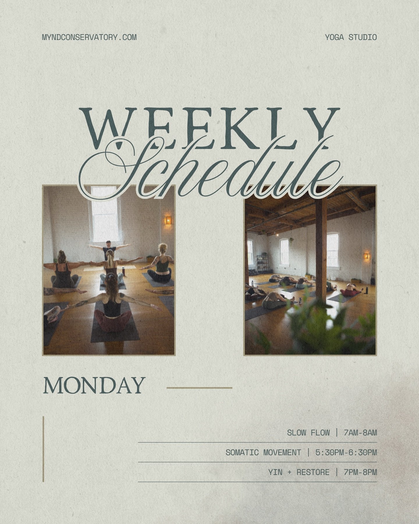 SPRING SCHEDULE AT MYND CONSERVATORY 🌱🍵✨

❕INFO ON CONSERVATORY RUN CLUB COMING SOON ❕

+ There is still time to sign on for our spring 200-hour yoga teacher training certification program starting February 27th!

TRAINING TIMES:
⭐️ Fridays 6pm-9pm