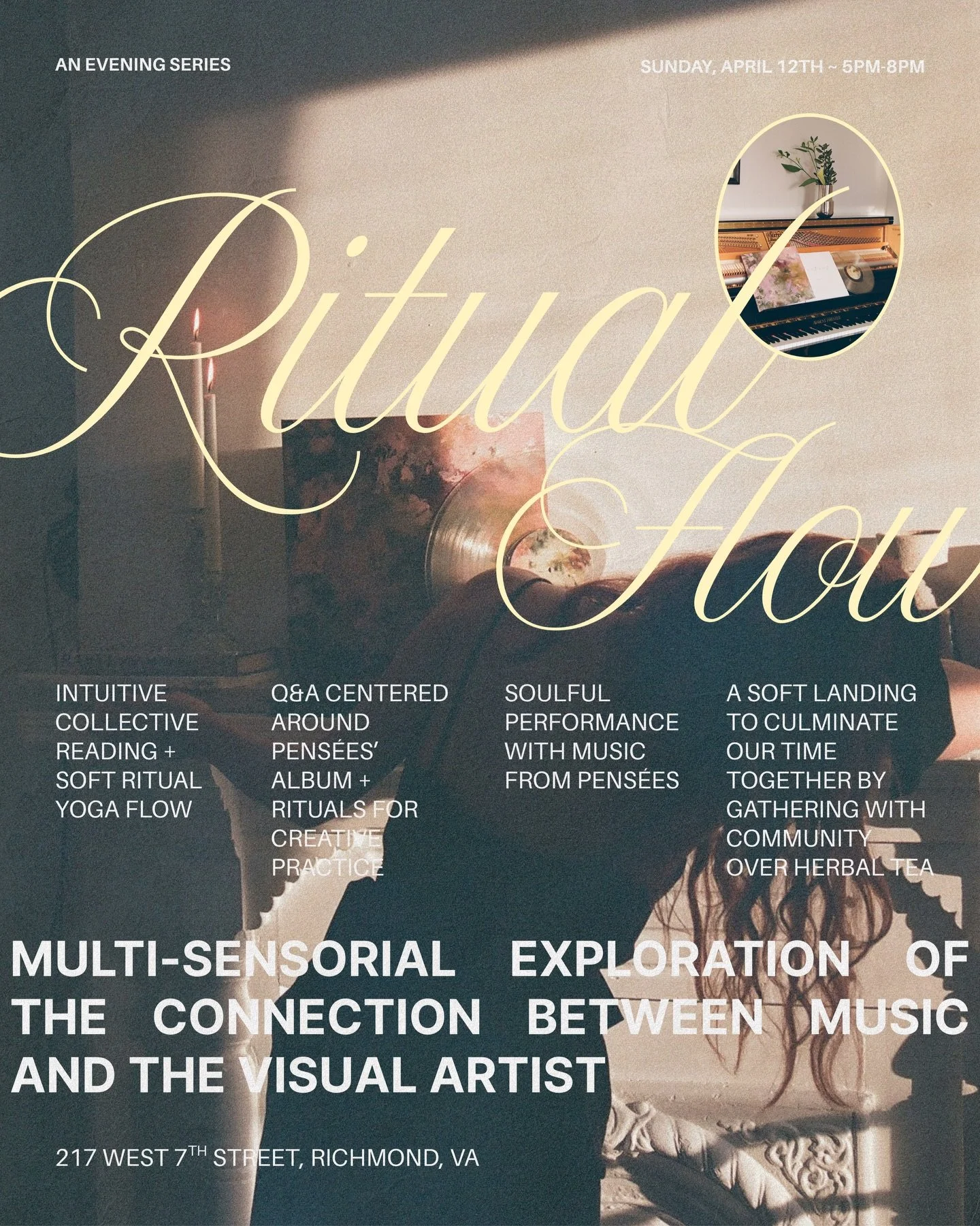 Introducing ＲＩＴＵＡＬ ＦＬＯＷ (an evening series) 🦢💛

Our first Ritual Flow is a collaboration with artist @meganperryfisher 💿

Our evening together will feature: 

✨ introduction to Pens&eacute;es&rsquo; by @meganperryfisher

✨ intuitive collective rea