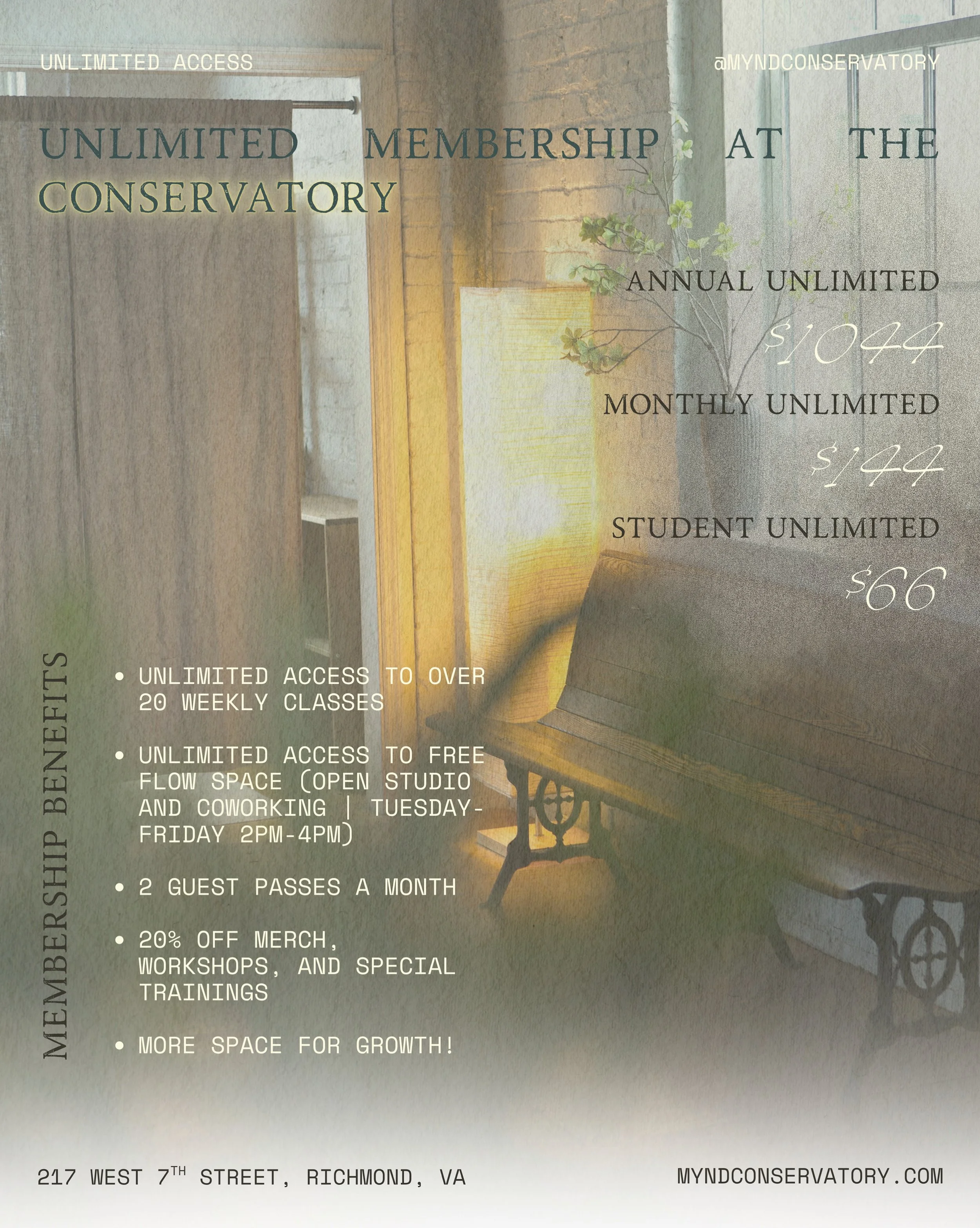 Gentle reminder that these offers exist 💚🌞 Get in and move your body and spirit without restriction 🌀

Classes in the Conservatory give you that true feeling of empowerment and centeredness you&rsquo;ve been searching for.

You will move through a