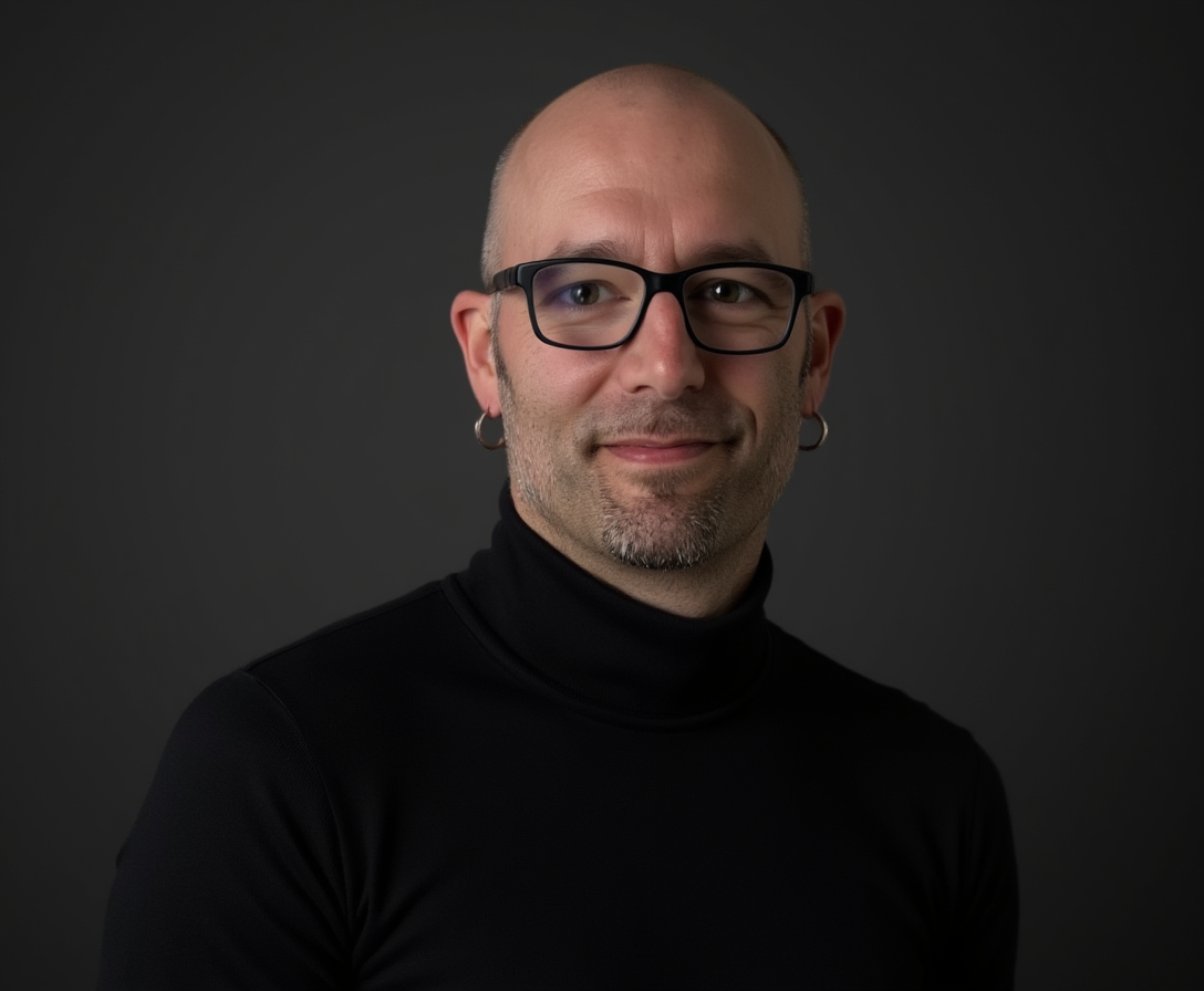 A man wearing a black flat cap, glasses, and a black jacket, smiling inside a building with large windows.