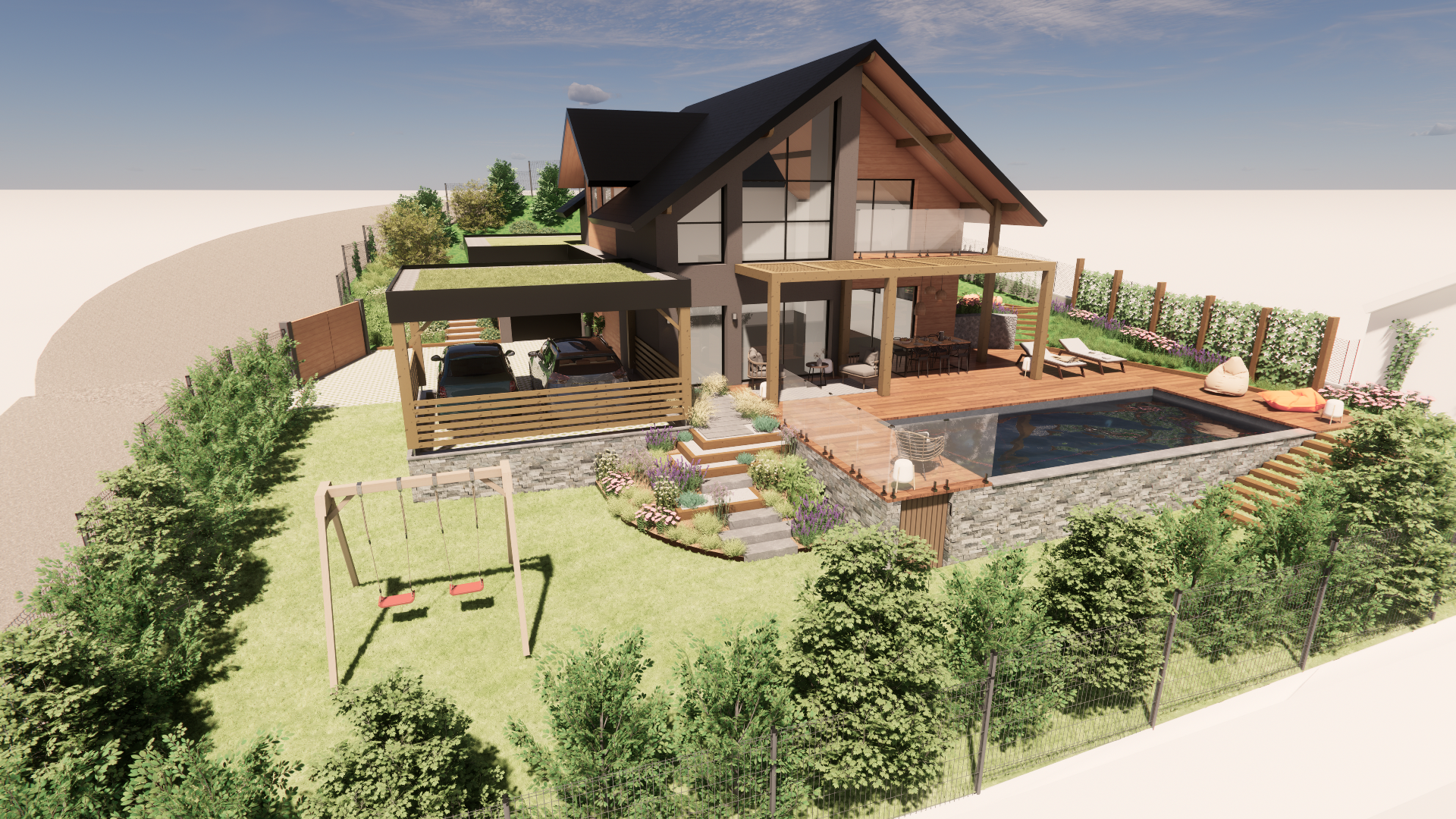 Maison moderne avec piscine, terrasse en bois, balançoire et jardin aménagé.