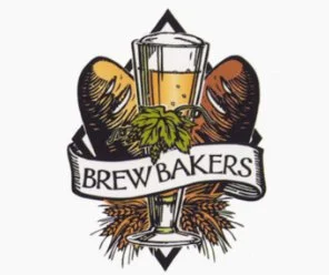 Illustration of a beer glass, bread loaves, and hops, with the text 'Brew Bakers' on a banner.