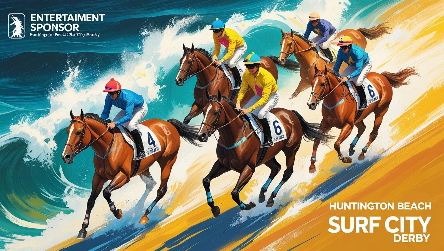 Illustration of horse racing on a beach with waves, featuring five jockeys in colorful outfits riding horses downhill, promoting Huntington Beach Surf City Derby.