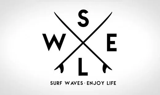 A logo with crossed surfboards and the letters W, S, E, L at each quadrant. Below, the text reads 'Surf Waves - Enjoy Life'.