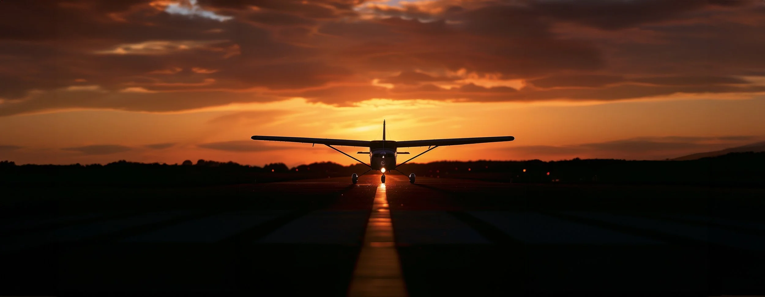 Small airplane on runway at sunset with orange sky and clouds.