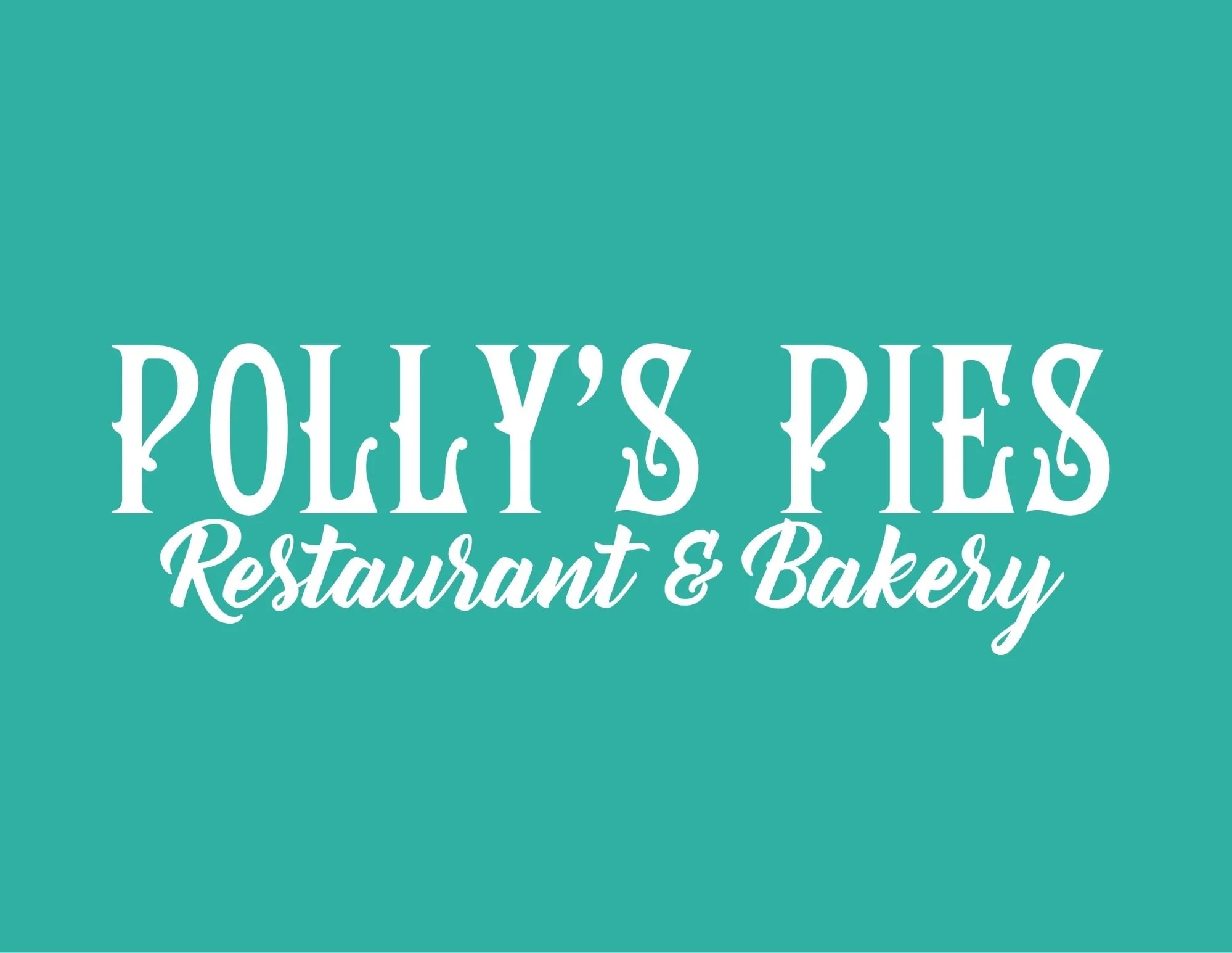 Logo for Polly's Pies Restaurant & Bakery on a teal background.