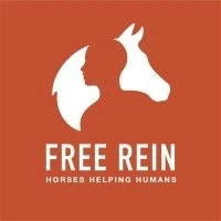 Logo with white horse silhouette and text 'FREE REIN HORSES HELPING HUMANS' on orange background.