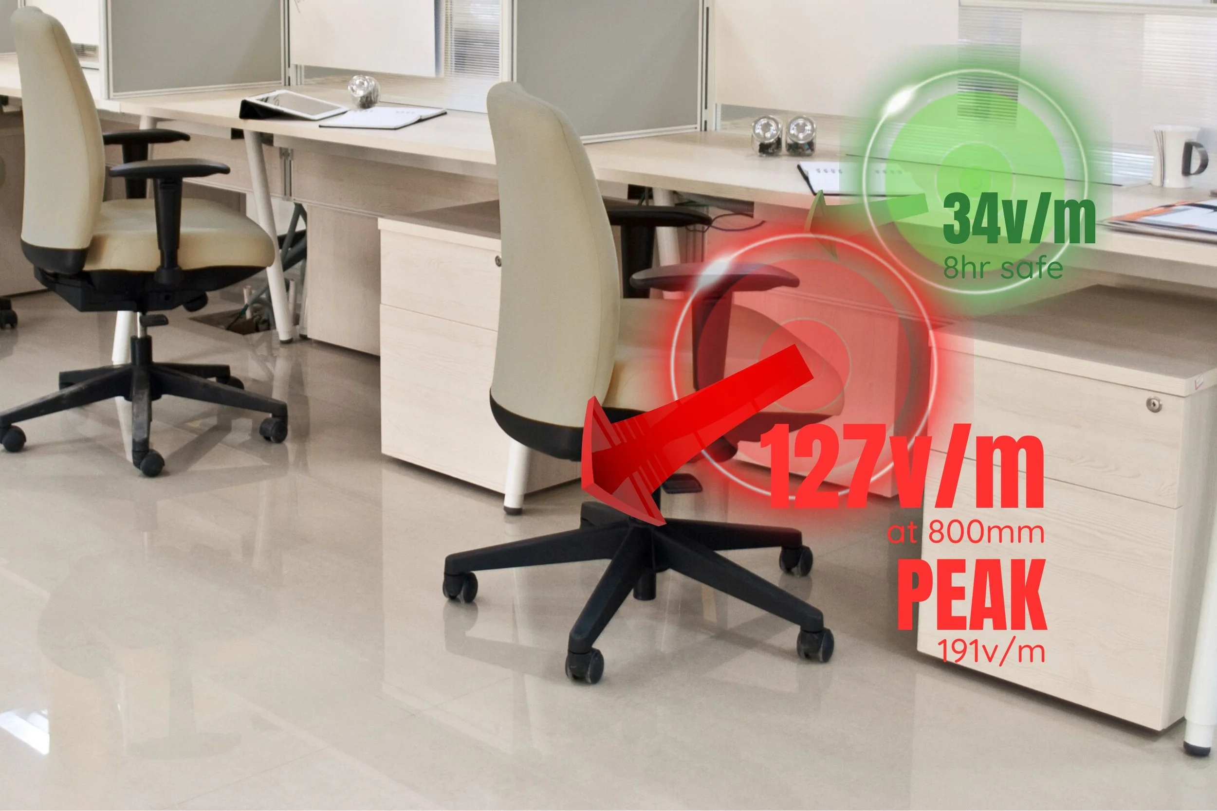 V/m image showing against backdrop of desks