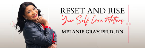 Business card design with a smiling woman in a leather jacket on the left and the text 'Reset and Rise Your Self Care Matters' along with 'Melanie Gray Ph.D., RN' on the right.
