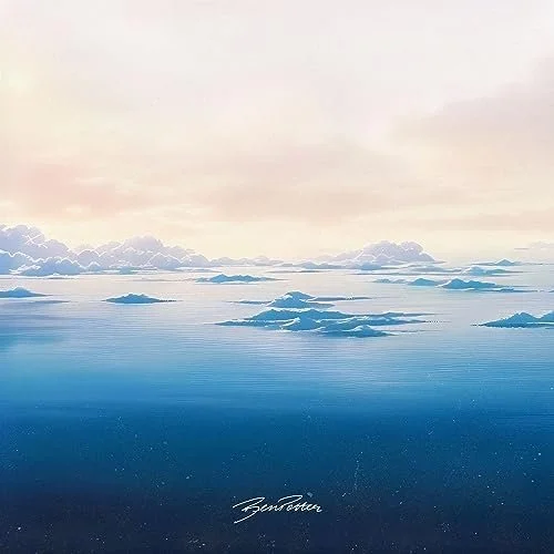A calm ocean scene with small icebergs floating in the water and a cloudy sky overhead, with an artist signature at the bottom.