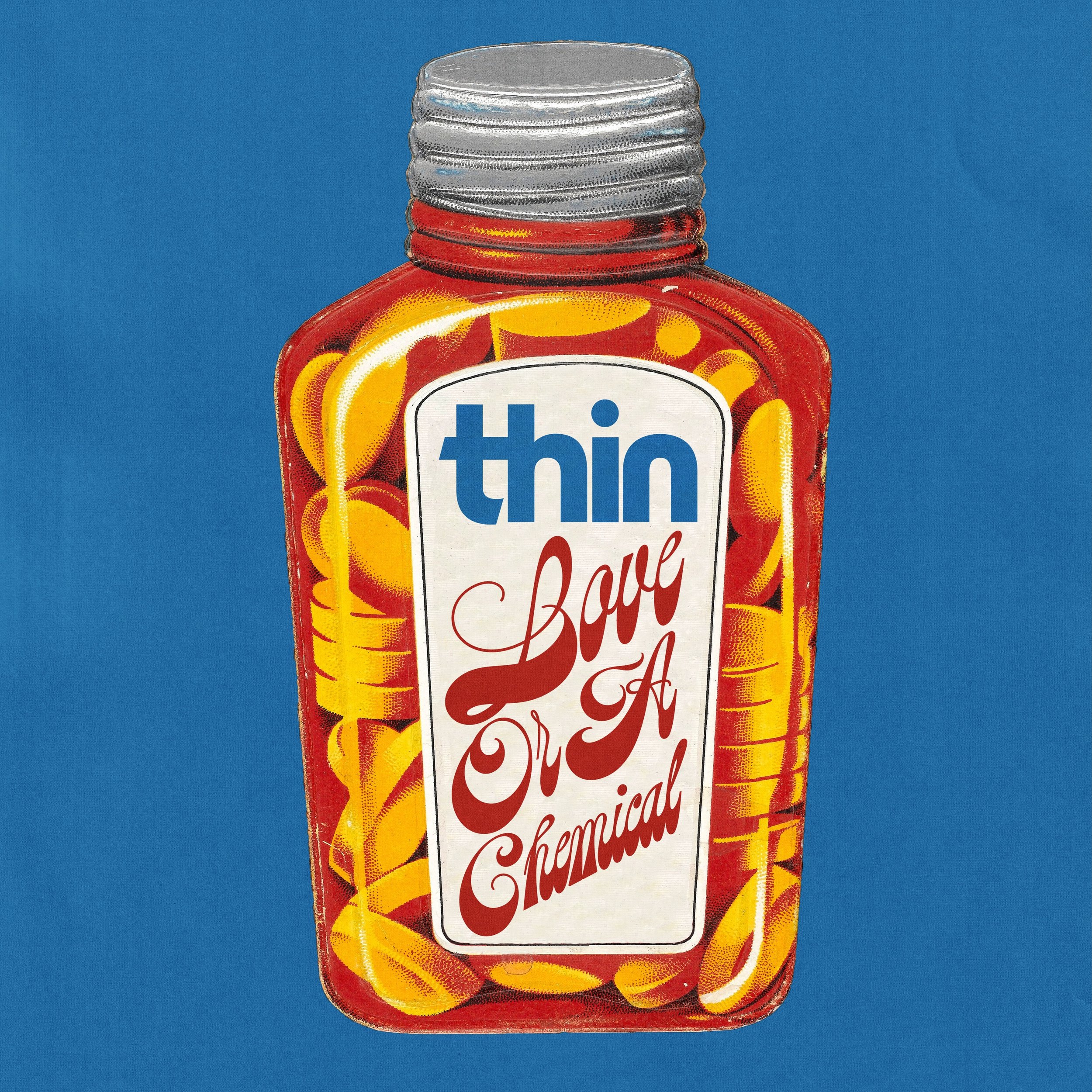 A vintage illustration of a medicine bottle labeled "thin" with the text "Bour A Chemial" and decorated with lemon slices inside, set against a blue background.
