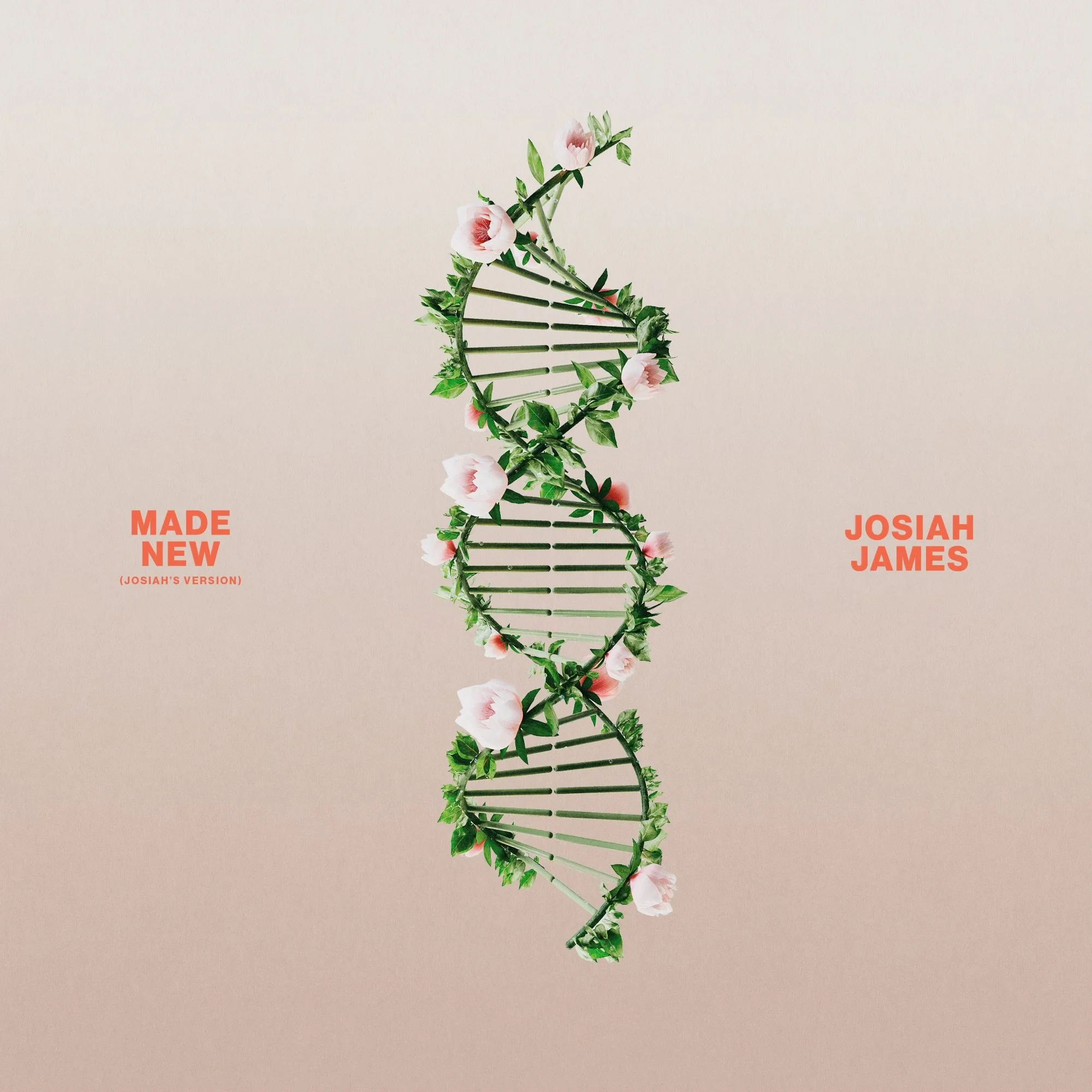 A minimalist album cover with a pink background featuring a double helix DNA strand decorated with pink flowers and green leaves, with the text 'Made New (Josiah's Version)' on the left and 'Josiah James' on the right in orange.
