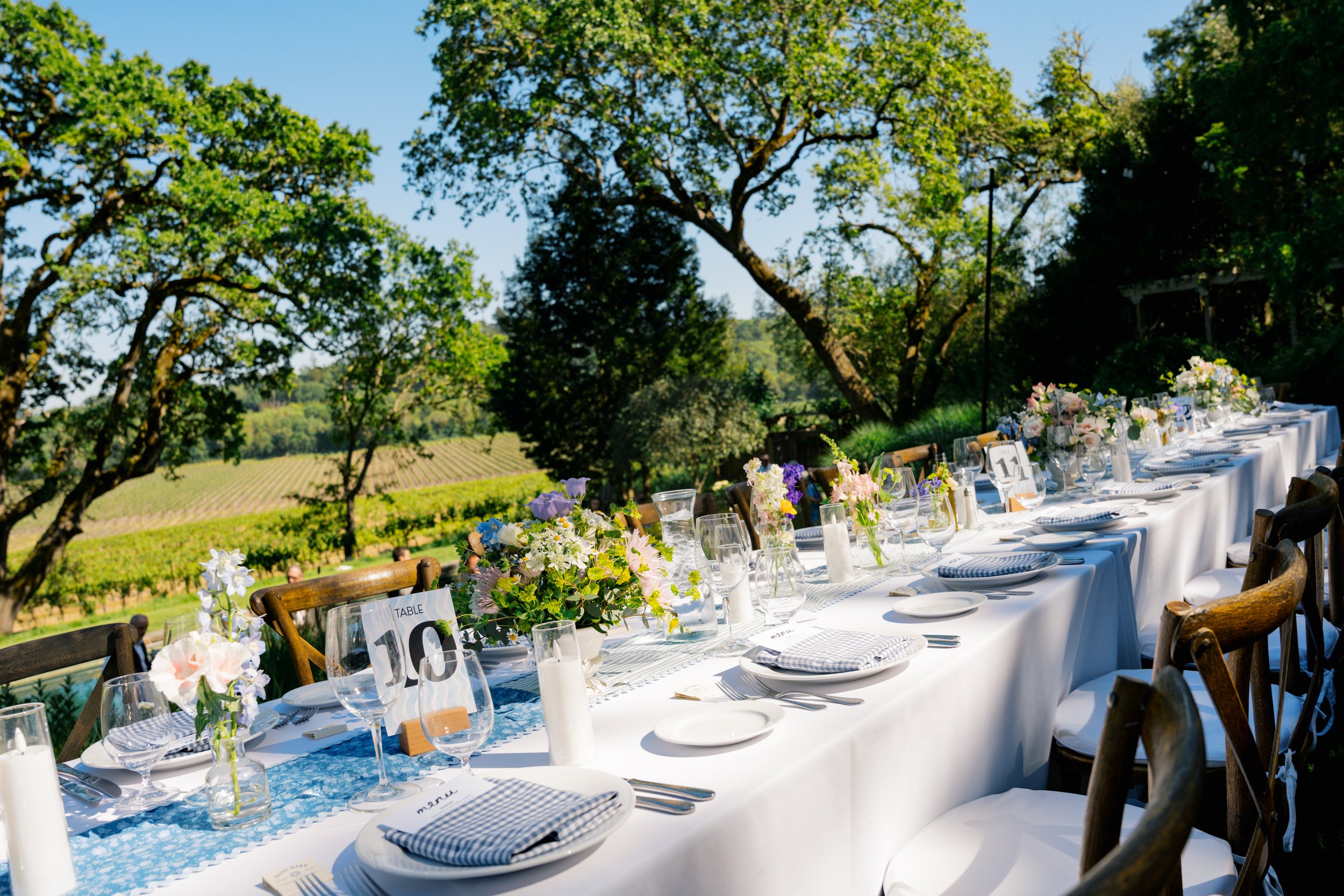 Long reception table overlooking Sonoma County vineyards decorated with floral centerpieces.