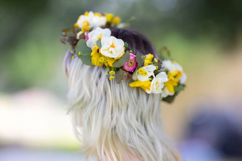 Flower crown with narcissus, ranunculus, butterfly ranunculus