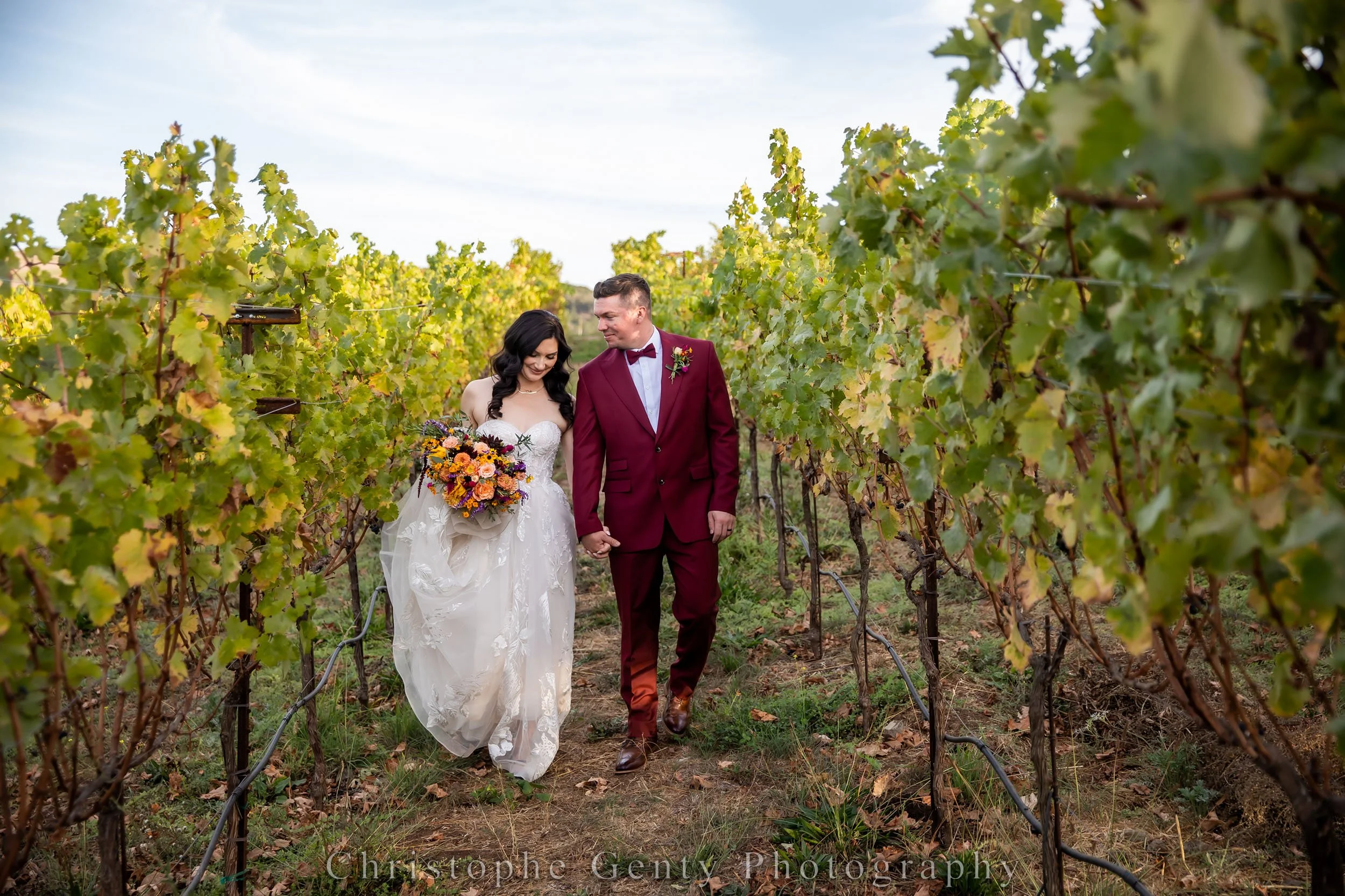 A bride and groom holding hands, walking through a vineyard during their wedding. The bride wears a white lace gown and holds a colorful bouquet. The groom wears a burgundy suit with a bow tie. They smile at each other as they walk among green grapev
