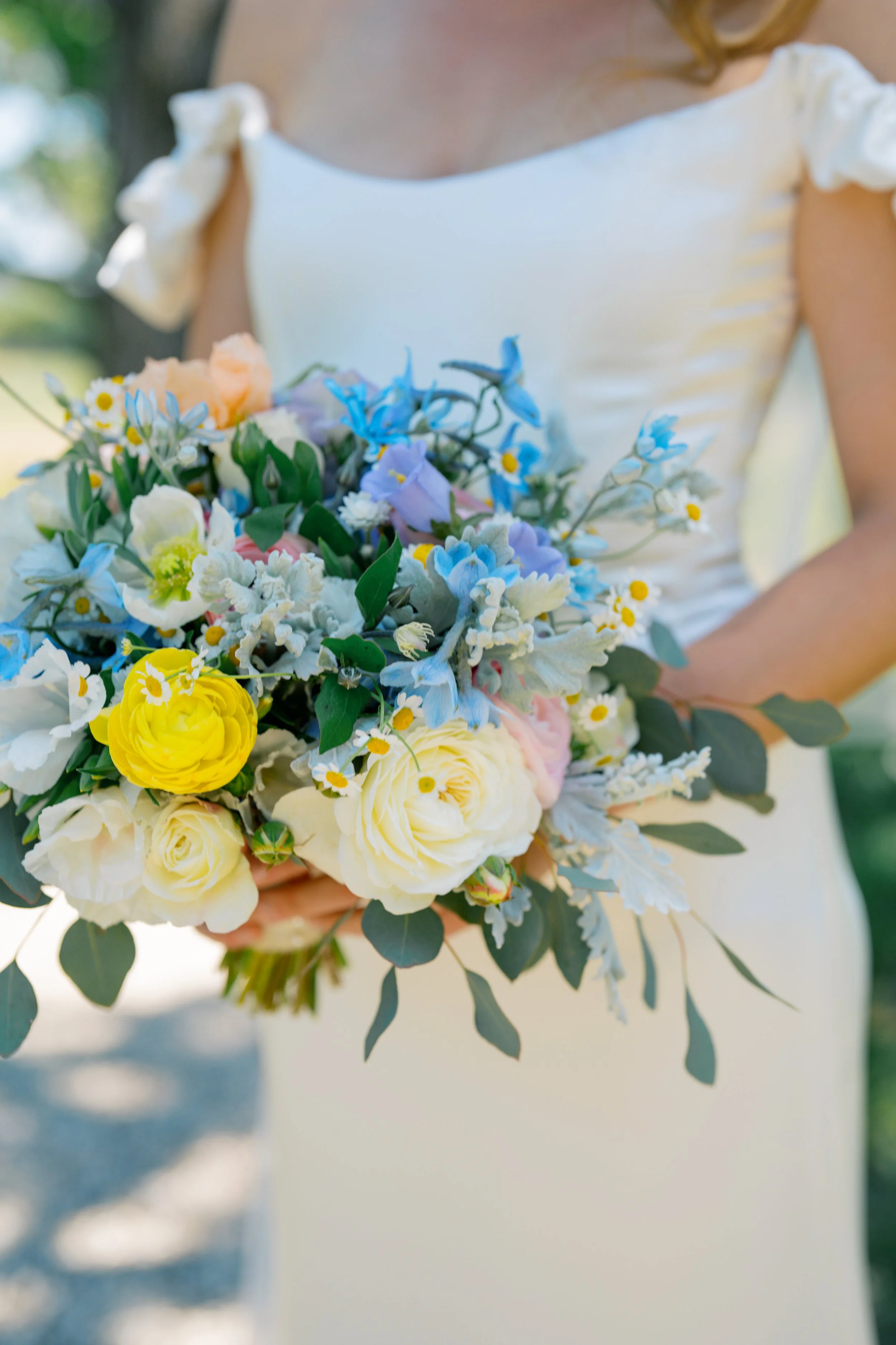Katy's blue white cream and yellow bouquet