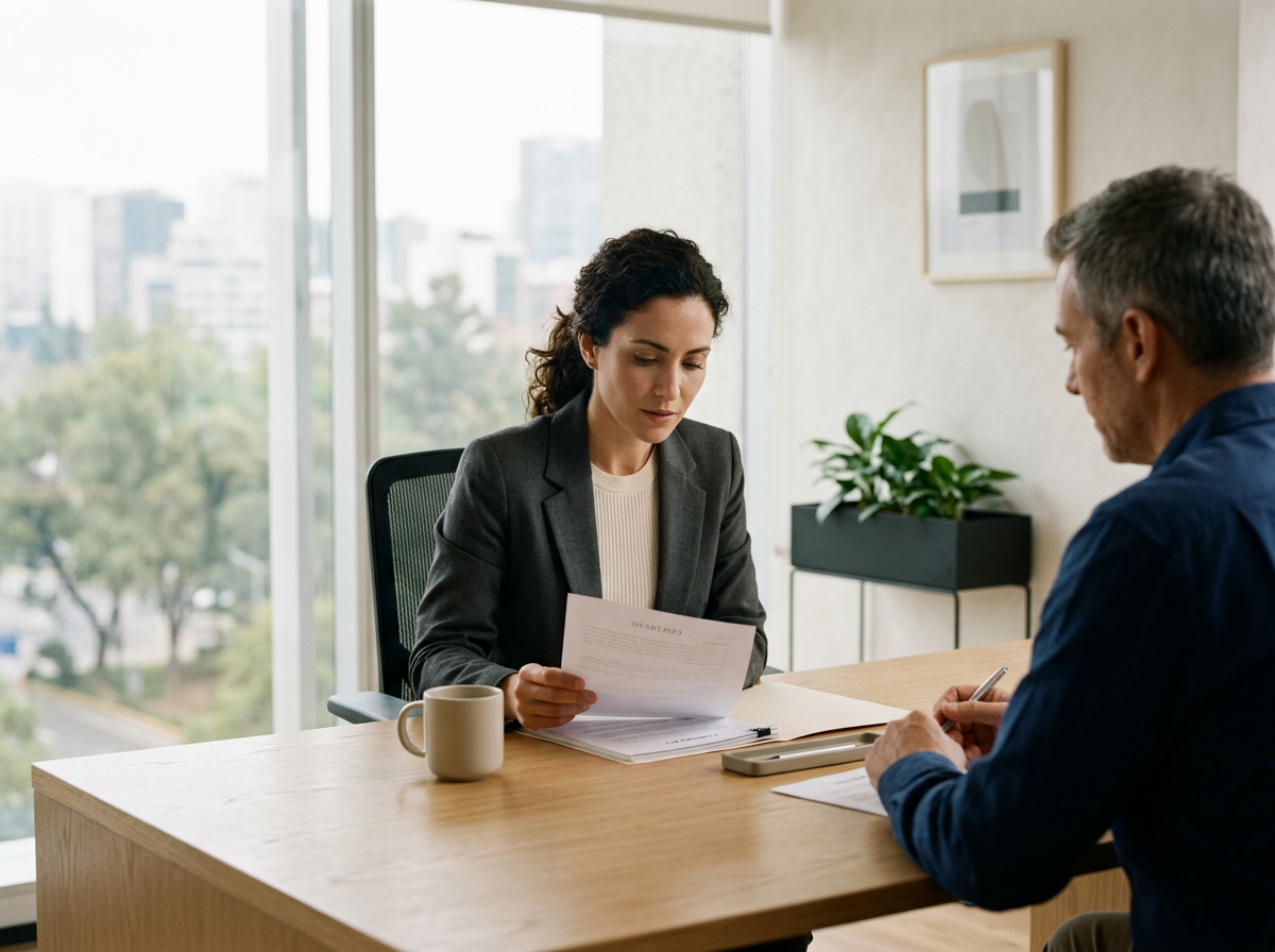 A woman in a gray blazer and white shirt sitting across from a man with gray hair and a beard, wearing a blue shirt, during a meeting in a bright office with large windows overlooking a cityscape. The woman is holding a document, and the man has a pen; there's a coffee mug and papers on the table.