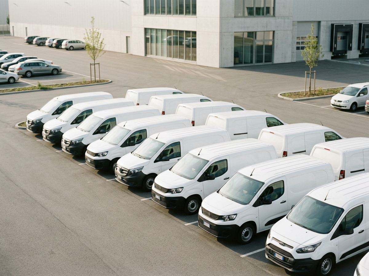 A parking lot filled with white cargo vans parked in neat rows next to a modern building with large glass windows and a small tree in the foreground.