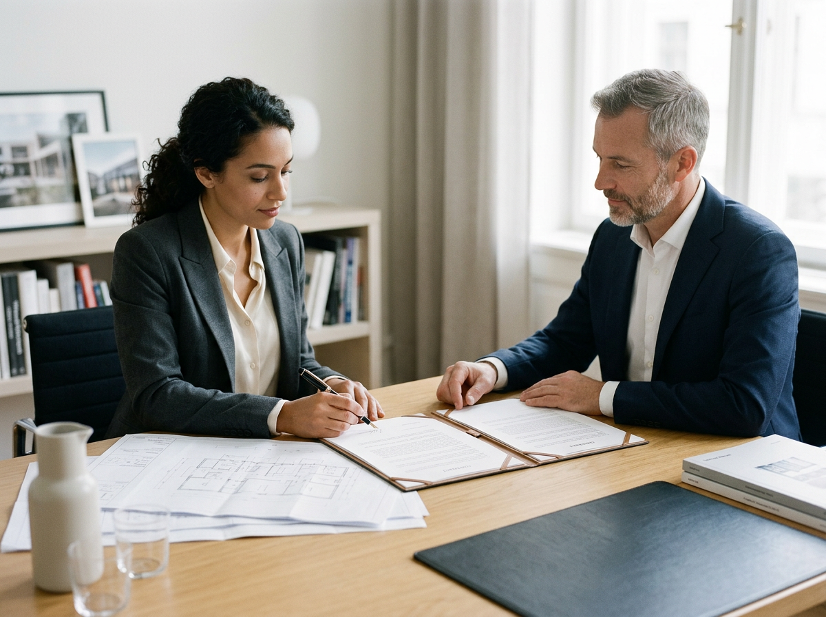 A woman and a man in business attire sit at a desk signing documents during a meeting in an office with bookshelves and framed pictures in the background.