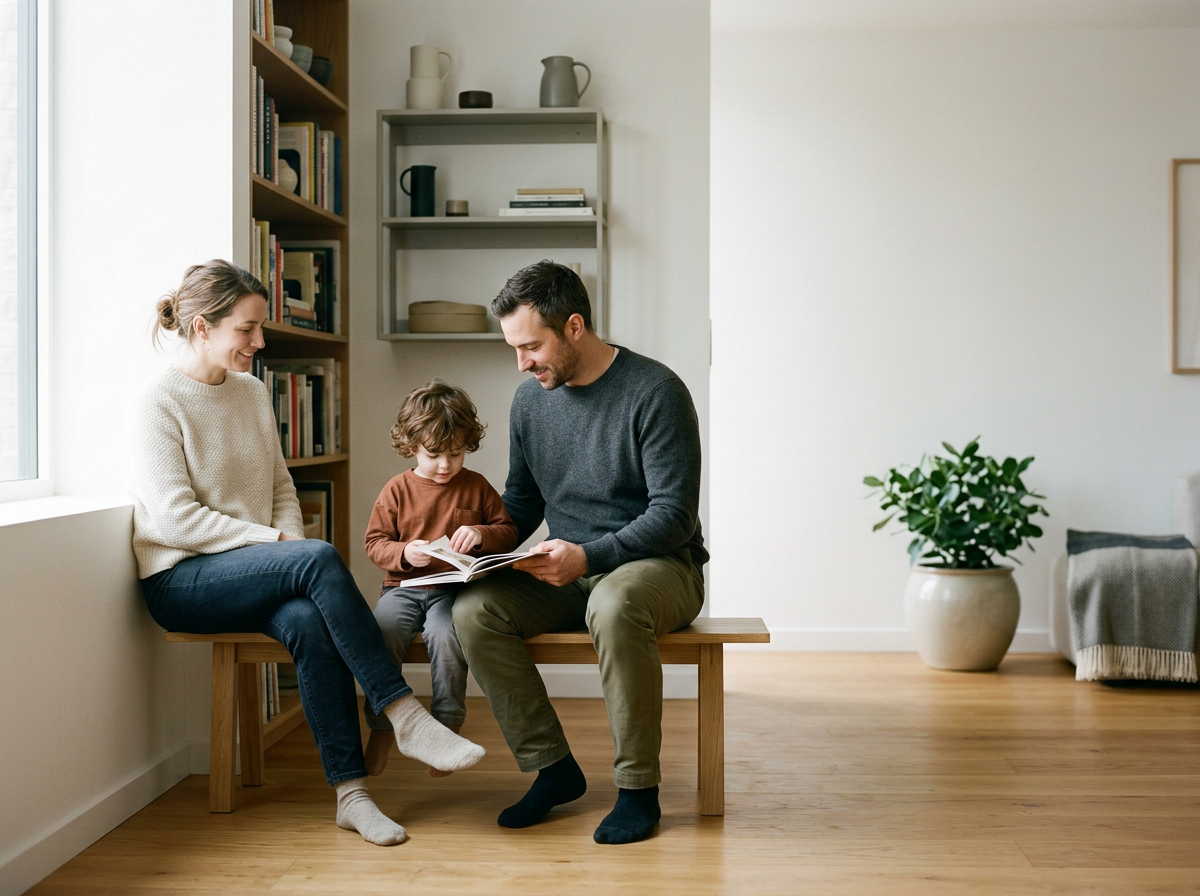 A family of three sitting on a wooden bench in a living room, looking at a book. The woman is sitting on the left, smiling, and wearing a cream sweater and jeans. The man is on the right, holding the open book, smiling, and wearing a dark sweater and olive pants. The child, sitting between them, is reading the book, with curly hair, wearing a brown long-sleeve shirt and gray pants. The room has wooden flooring, a large window on the left, a bookshelf on the left wall, a decorative shelf behind the family, and a potted plant on the right.