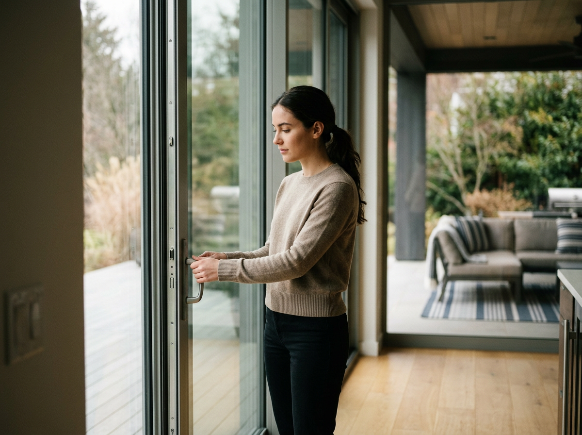 A woman stands near a glass sliding door, holding the handle and looking down, inside a modern home with a wooden floor and a porch outside.