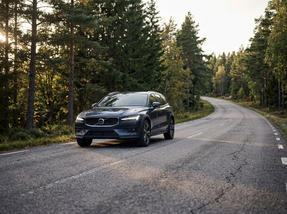 A black Volvo station wagon parked on a winding forest road during daylight, surrounded by tall green trees.