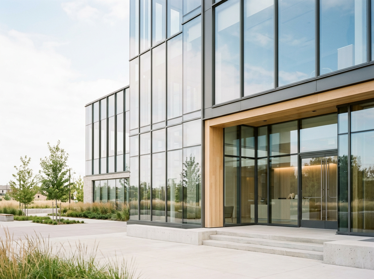 Modern glass building with trees and landscaping outside.