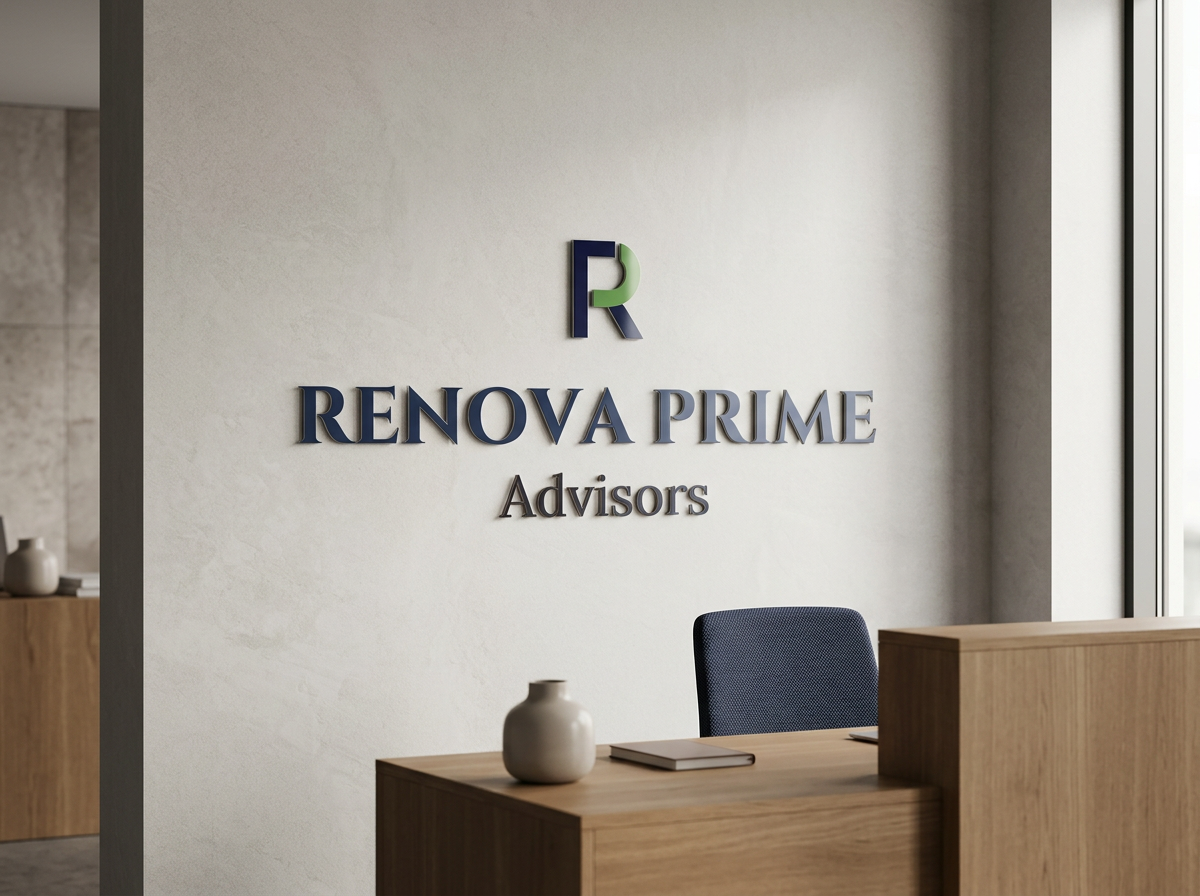 An office reception area with a sign that reads 'Renova Prime Advisors' on the wall, a desk with a book and a ceramic vase, and a chair.