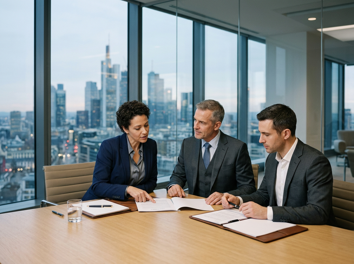 Three business professionals, two men and one woman, seated at a conference table in a high-rise office with city skyscrapers outside the window, discussing documents.