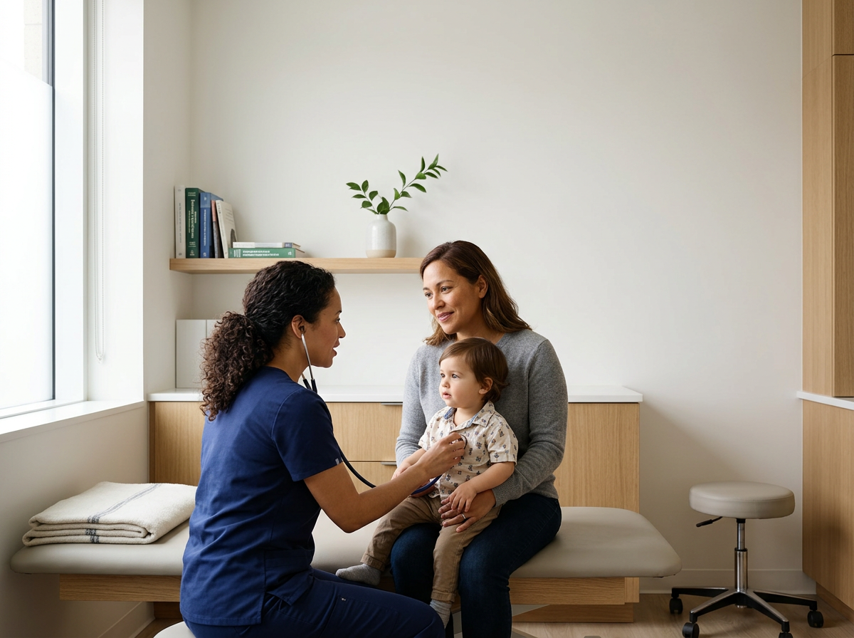 A healthcare professional using a stethoscope on a young child sitting on a woman's lap in a medical examination room.