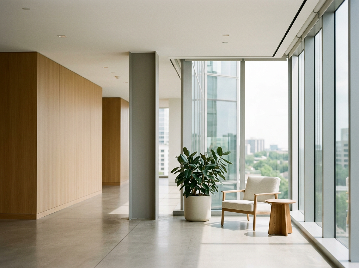 Modern office interior with large windows, a potted plant, an armchair, and a small side table.