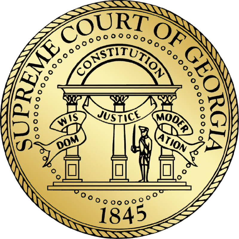 Seal of the Supreme Court of Georgia with pillars, words "Wisdom", "Justice", "Moderation", date 1845.