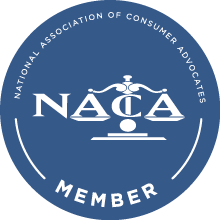 National Association of Consumer Advocates member badge with scales of justice logo on blue background.