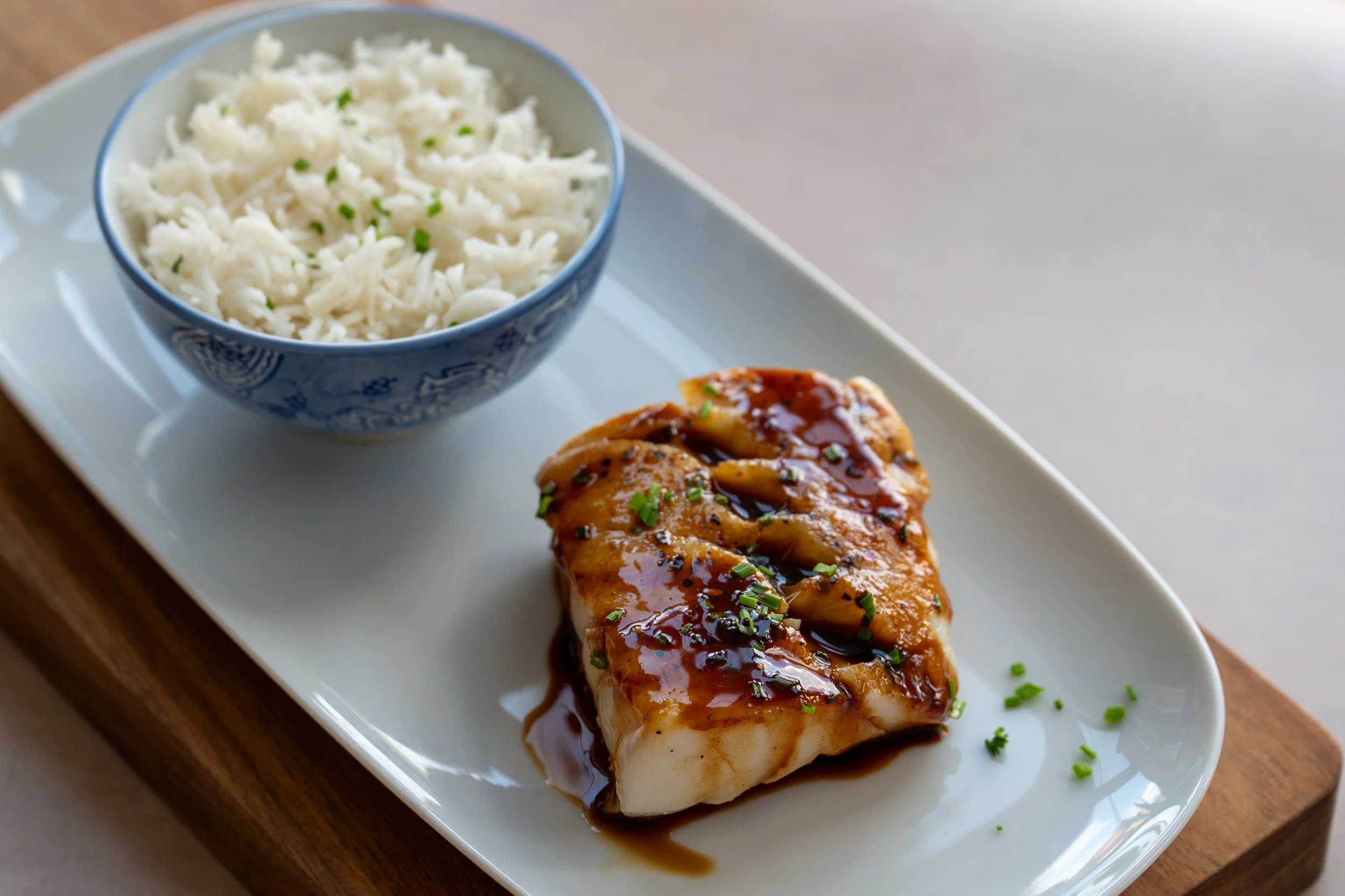 Honey and soy glazed skinless cod loin with  fluffy jasmine rice
