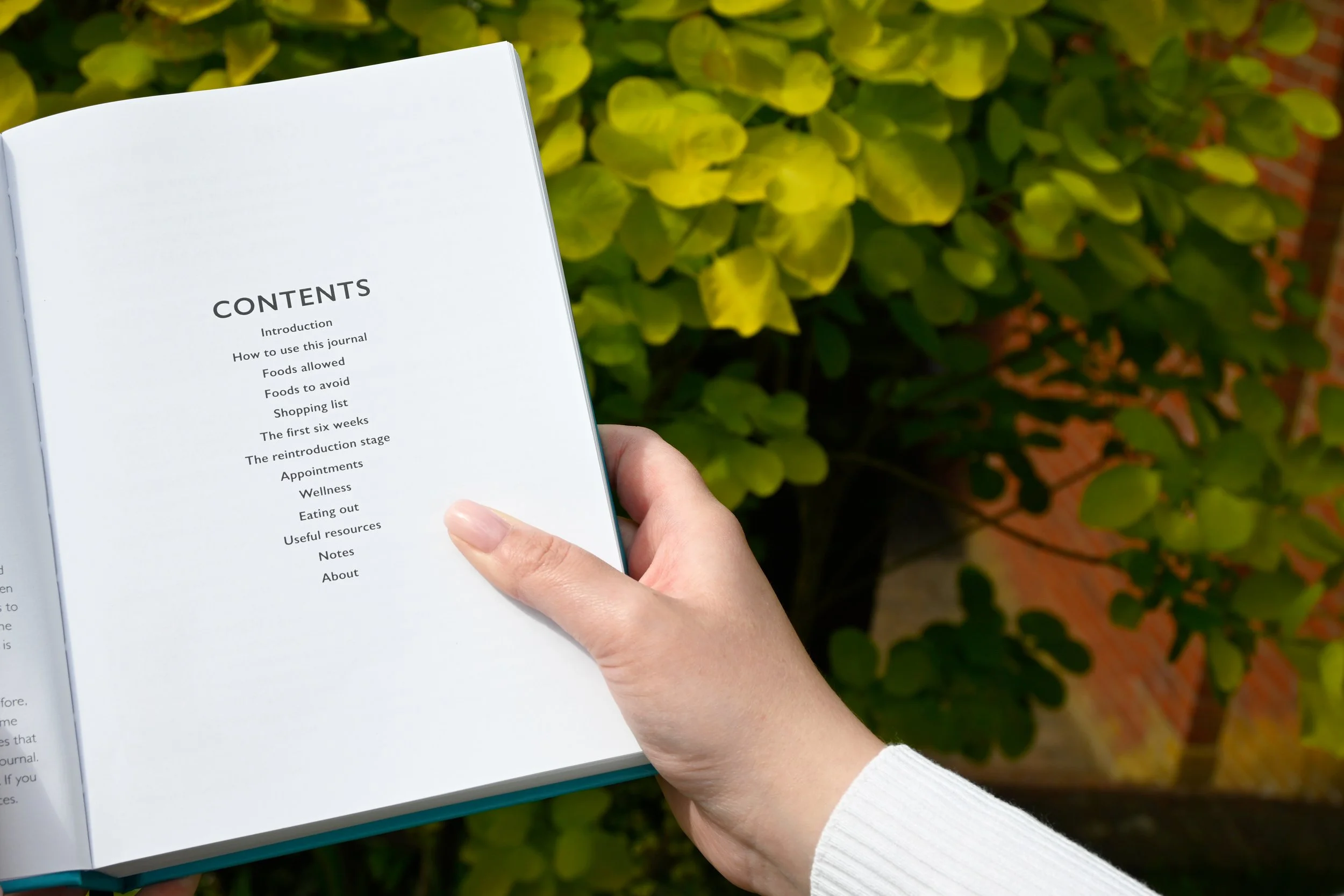 Person holding Contents page of The Ostomate Journal outdoors with green foliage in the background.