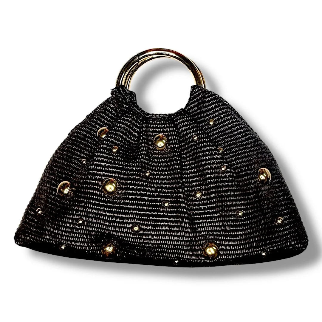 Woven Lightweight Trendy Modern Gold Dotted Handheld Purse with Gold Loop Handles
