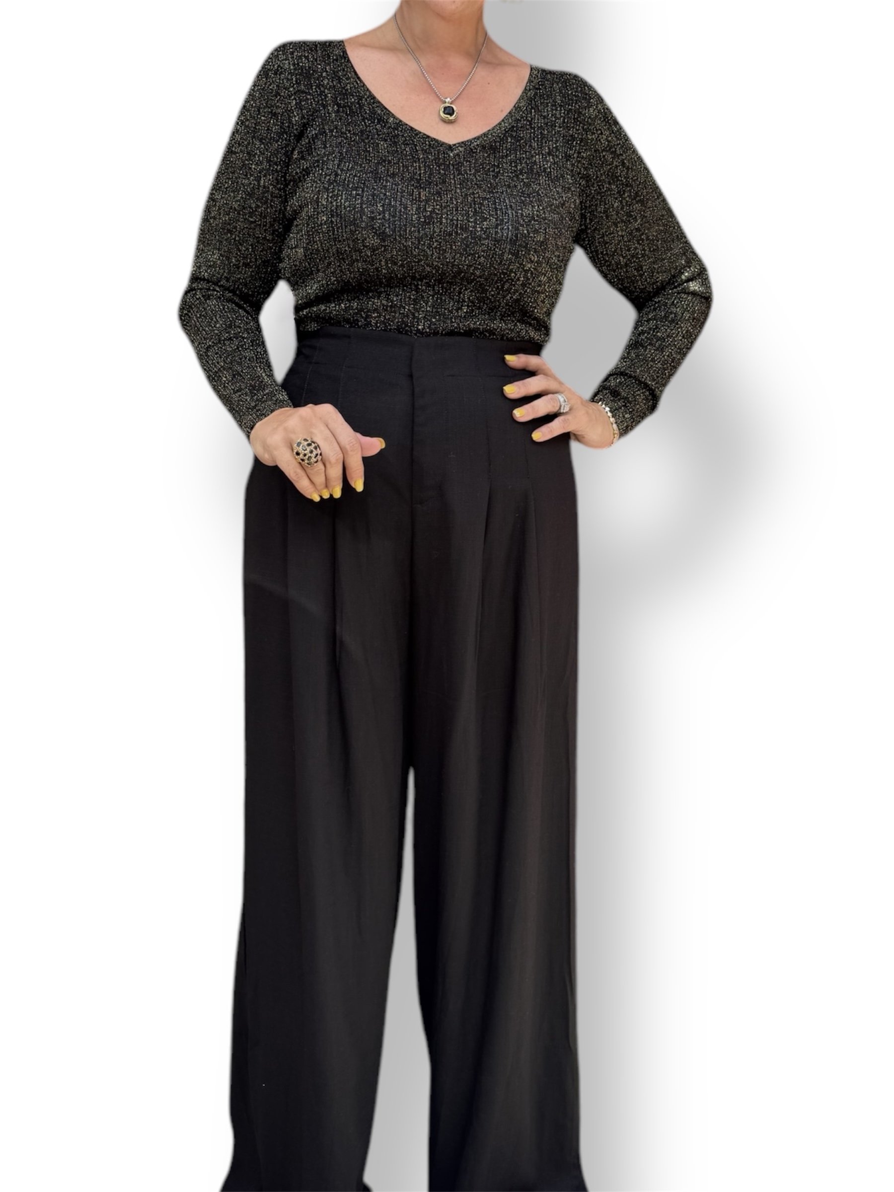 Long Sleeve fitted knit top with High-Waisted Pleaded Palazzo Trouser Set- 2 COLORS