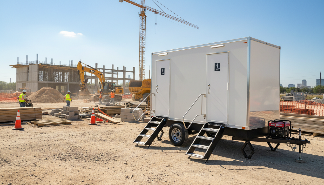 mobile restroom Trailers at long term construction site in San Antonio, TX