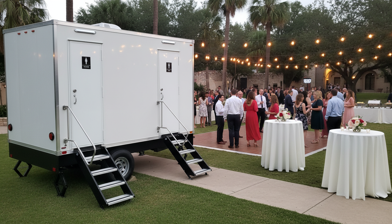 mobile restroom rental outside at a wedding in San Antonio, TX