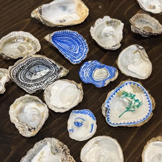 Mindful decorating of the inside of shells - doodling helps calm the mind and the oyster shell is a symbol of inner beauty.