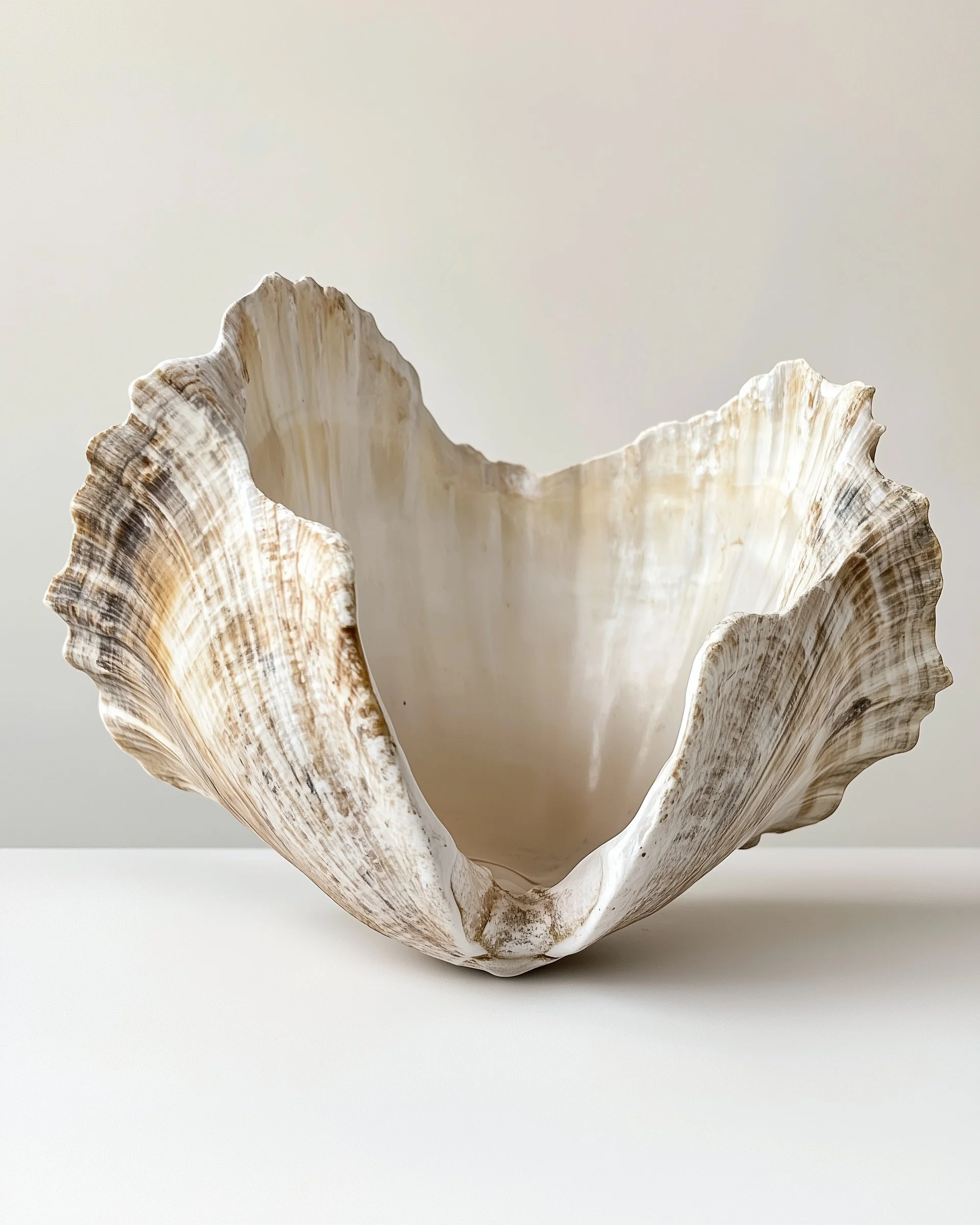 A large, decorative seashell with wavy edges, white and beige coloring, sitting on a white surface against a plain, light background.