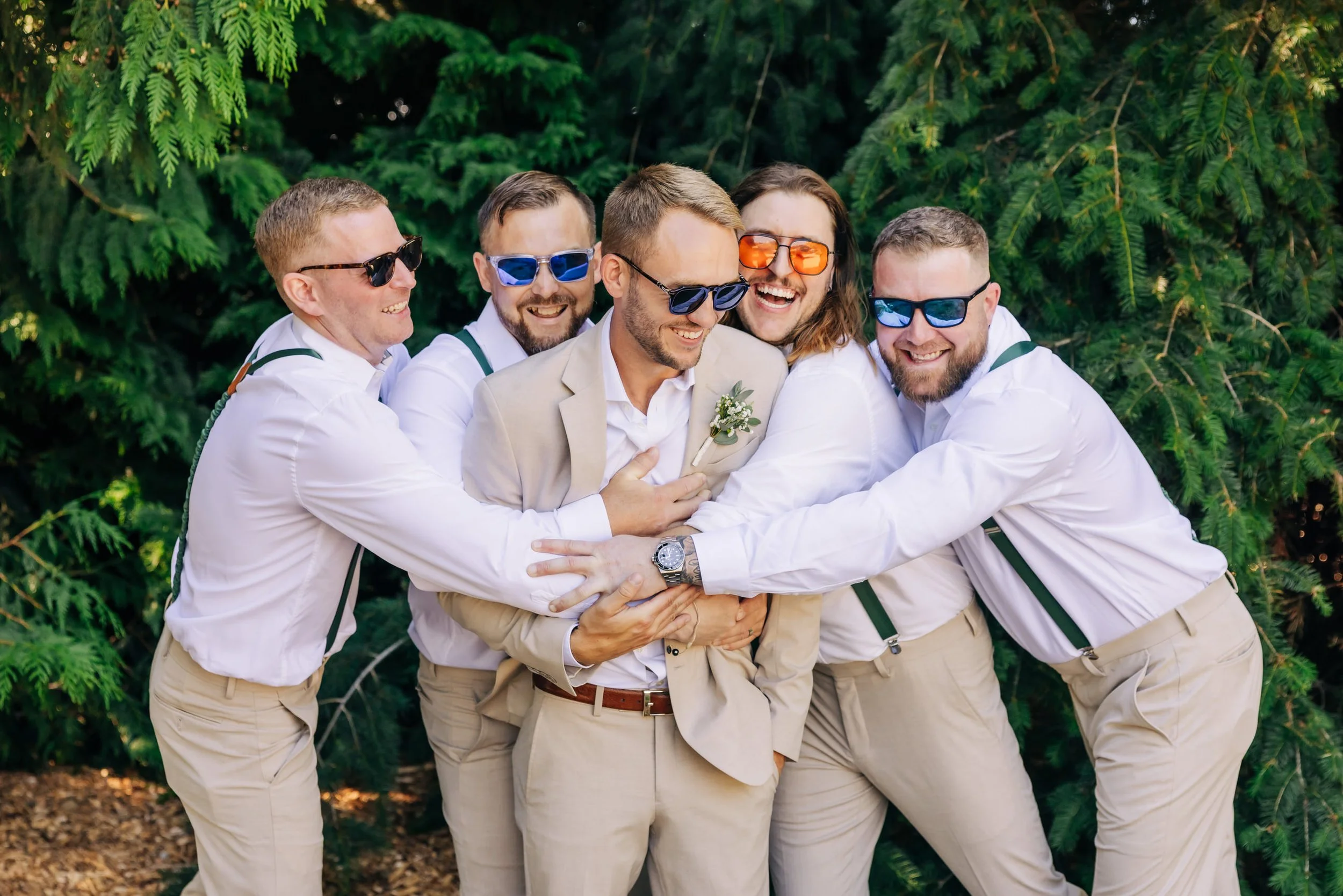 Hugging groom at Woodinville Lavendar