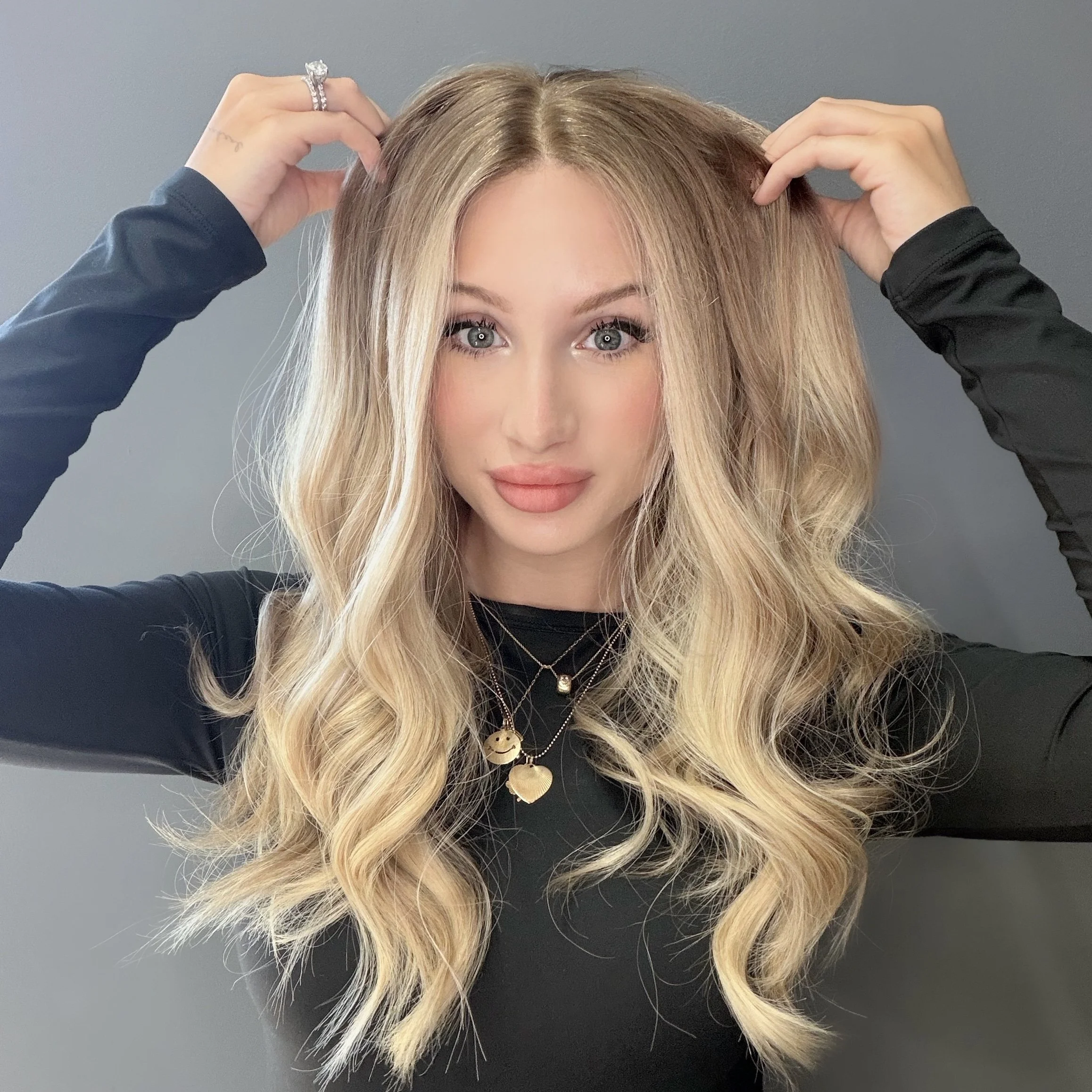 Handtied Cap. Diamond Lace.  Hair Type Premium Remy Euro.  Color Sandy blonde with melted root.  Hair Length 22’’.