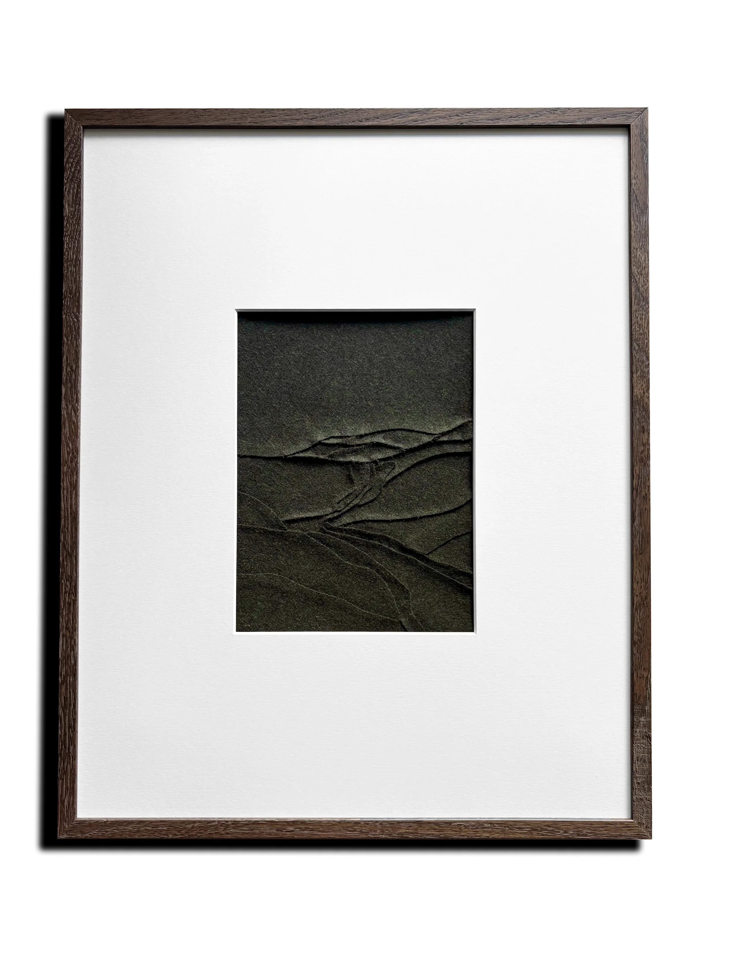 Handcrafted textile art created with 100% wool. Abstract landscape art. Title: 'The Lands of High' Color: Forest Framed in dark oak wood with passe-partout. 40x50cm