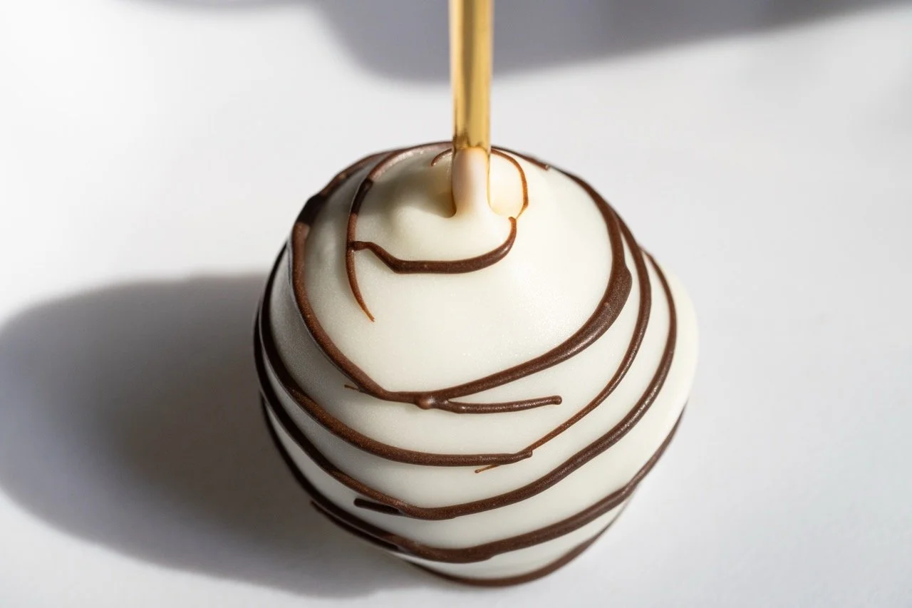 A cake pop dipped in white chocoalte with a dark chocolate swirl