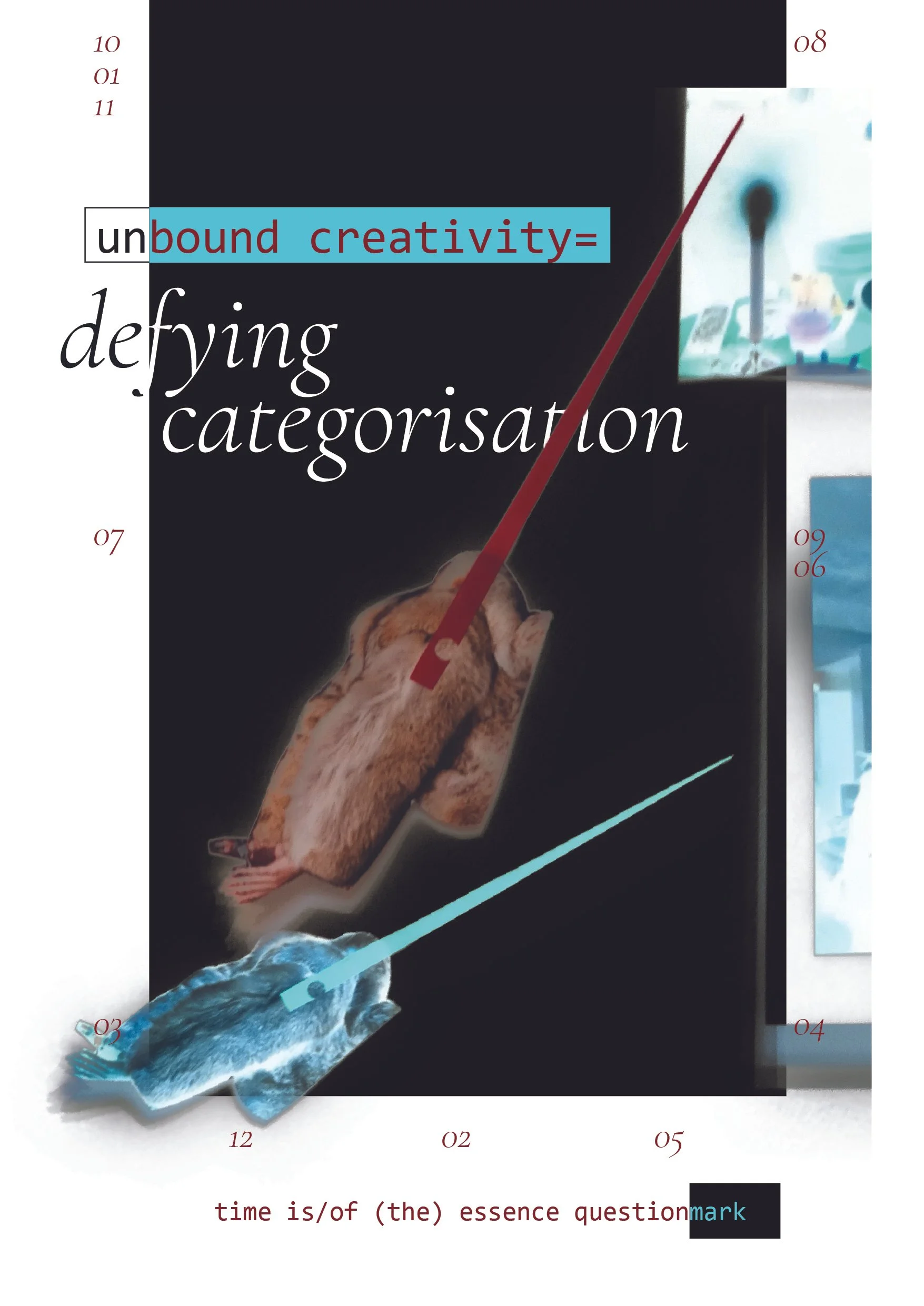 A dark cover of a book titled 'unbound creativity= defining categorisation'. The subtitle reads 'time is/of (the) essence question', with the word 'mark' highlighted in a blue box.